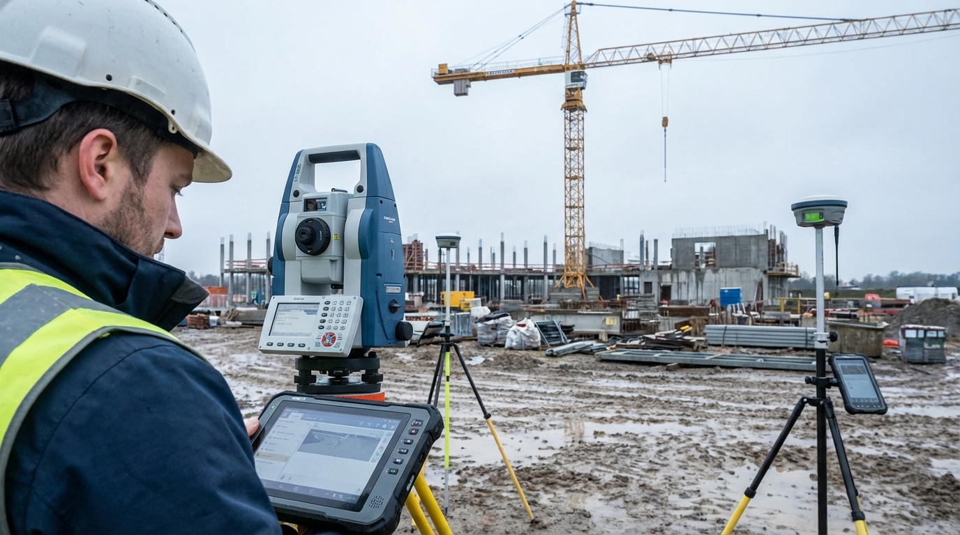 Ingenieur bei der Vermessungsarbeit mit moderner Messtechnik auf einer Hochbaustelle
