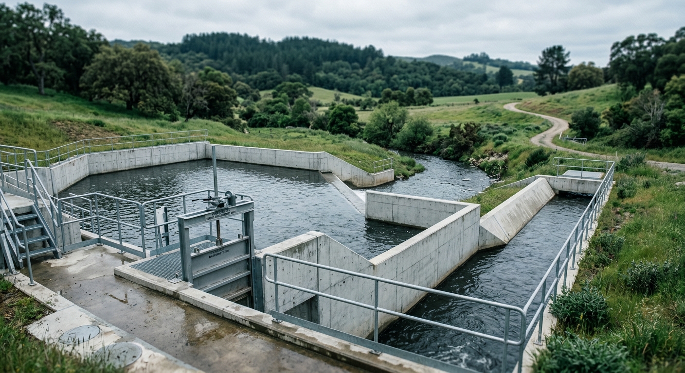 Rückhaltebecken mit kontrolliertem Wasserabfluss – Ingenieurbauwerk in natürlicher Umgebung